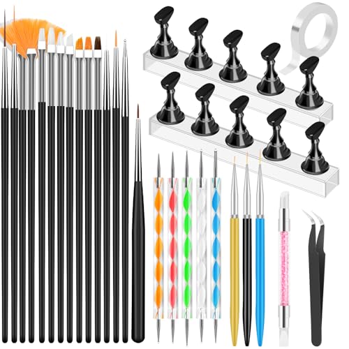 YOOVR Nail Art Tools Set, Nail Stand for Press on Holder for Painting Nails, Nail Art Brushes, Liner Brushes, Nail Dotting Tool, Must Haves Design Tools Supplies Kit for Nail Tech & Beginners (Black) - color: Black