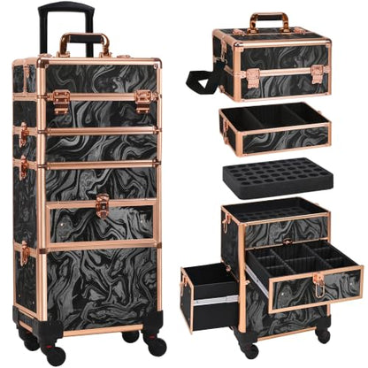 Somduy Rolling Makeup Case with Drawer, Makeup Train Case, Cosmetology Case on Wheels for Salon Barber, Rose Gold Black - color: Rose Gold Black