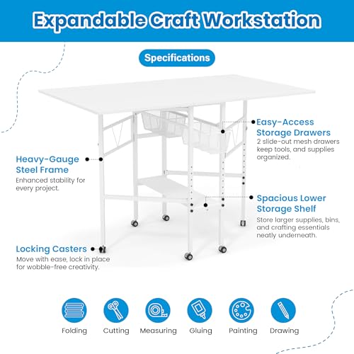Sew Ready Folding Sewing Craft Table with Storage, Adjustable Height Cutting Desk with Drawers and Wheels for Quilting, Fabric, and Hobby Room, White - color: White / White