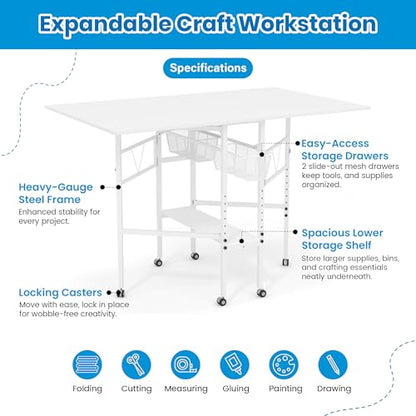Sew Ready Folding Sewing Craft Table with Storage, Adjustable Height Cutting Desk with Drawers and Wheels for Quilting, Fabric, and Hobby Room, White - color: White / White