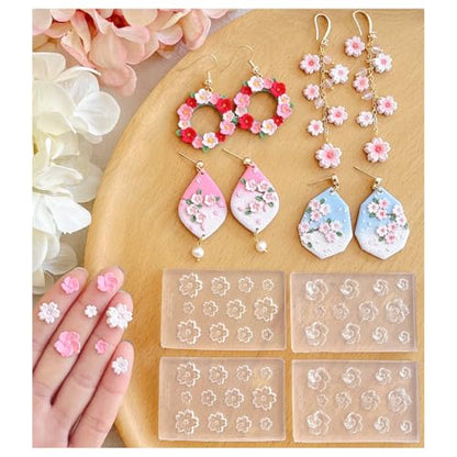 Keoker Cherry Blossoms Polymer Clay Molds, 2 Shapes 4 Sizes 3D Sakura Polymer Clay Flower Earring Molds, Polymer Clay Flower Molds, Spring Polymer Clay Cutters