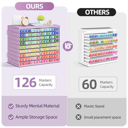 Marbrasse Mesh Marker Organizer, Metal Desktop Storage Rack for 126 Markers, Pens, Pencils, 9 Tier Marker Holder for Office Classroom & Home Art Supplies(Purple)