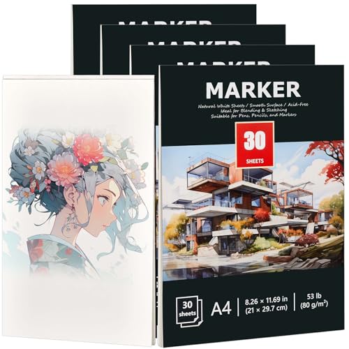 Kosiz 4 Pcs Marker Paper Pad 120 Sheets 8.27 x 11.69 Inch Total Marker Paper 80 GSM Marker Paper Sketchbook Marker Sketchbook Bleedproof Marker Pad for Drawing Coloring Alcohol Markers Art Gift