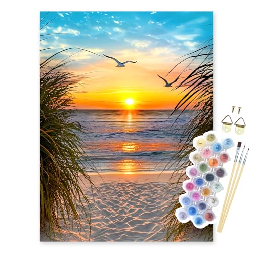 NPCSWXQ Paint By Numbers Kit for Adults Beginners, Beach Sunset Oil Acrylic Painting Crafts Number Artist Paint Kit for Home Wall Bedroom Study or Office Decor Gift 16x20Inch - color: Sunset