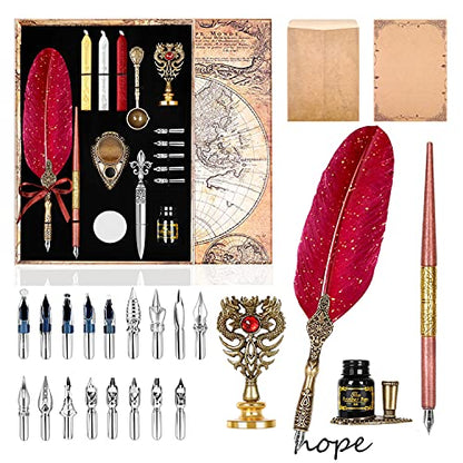 Quill Pen and Ink Set, Includes Feather Pen, Wooden Dip Pen, 17 Replacement Nibs, Pen Base, 3 Wax Seal Sticks, Stamp, White Wax, Spoon, Envelope Letter Paper, Envelope Tool (Red)