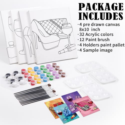 VOCHIC 4 Pack Sip and Paint Kit for Adults,Pre Drawn Canvas for Painting Party Supplies Girls Night Games Couples Paint Art Set Fashion Accessories 8x10 in - size: 8x10, style: Fashion Accessories