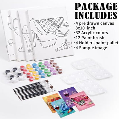 VOCHIC 4 Pack Sip and Paint Kit for Adults,Pre Drawn Canvas for Painting Party Supplies Girls Night Games Couples Paint Art Set Fashion Accessories 8x10 in - size: 8x10, style: Fashion Accessories