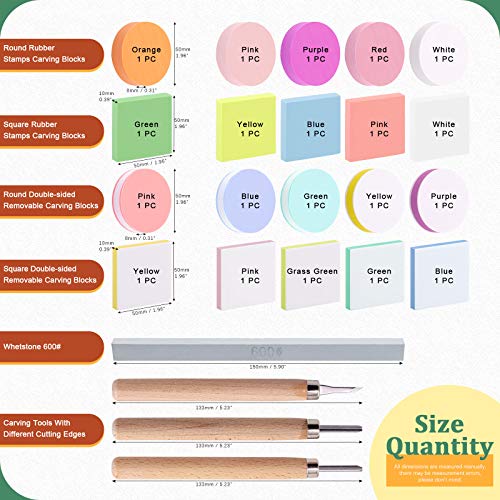 Keadic 24 Pieces Block Printing Starter Tool Kit, Rubber Stamps Making Set with Round & Square Rubber Carving Blocks, Linoleum Cutter Tools & Grindstone for Stamp Carving and Printmaking