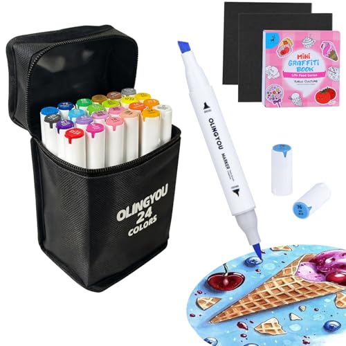 OLINGYOU Coloring Marker,24 Colors Fine & Chisel Dual Tip Marker Set,Permanent Art Markers for for Adult Coloring Books,Alcohol Markers Stocking Stuffers(White Barrel) - color: 24PCS