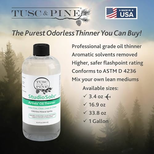Tusc & Pine StudioSolv™ Odorless Mineral Spirits 33.8oz (1L) - Purified Odor-Free Spirit Solvent for Thinning Oils, Artists, Painting Thinner, Professionals, & More!