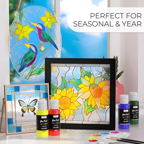 Nicpro 18 Colors Stained Glass Paint Set, 1oz / 30ml Waterproof Acrylic Enamel & Ceramic Glass Painting Kit for Arts on Transparent Wine Glasses Jars Windows with 6 Brushes & 1 Palette, Opaque Finish - size: 1 Fl Oz (Pack of 18)