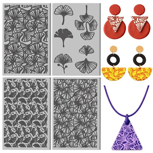 4 Sheets Ginkgo Leaves Clay Texture Mat Plants Polymer Clay Texture Sheets DIY Tools for Pottery Earring Jewelry Making Stamp Engraving Machines, 3.9x2.6inch - style: Ginkgo Leaves