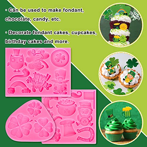 Whaline 3Pcs St. Patrick's Day Fondant Molds Shamrock Hat 3D Silicone Moulds Leprechauns Gnome Shoes Clover Shoes Pattern Resin Mold Cupcake Cookie Baking Decorating Mould for Irish Holiday DIY Candy - style: Shamrock