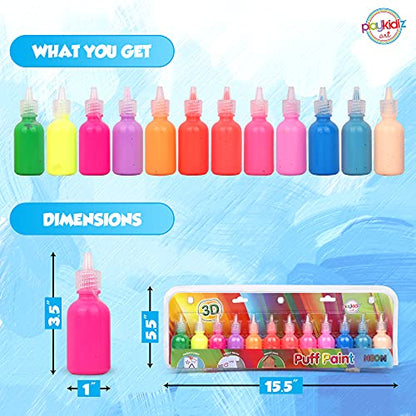 Puff Paint, 12 Pack 3-D Fabric Paint, Neon Colors, Permanent Non-toxic Paint Set for Kids, Ages 3+ - size: 12 Count (Pack of 1)