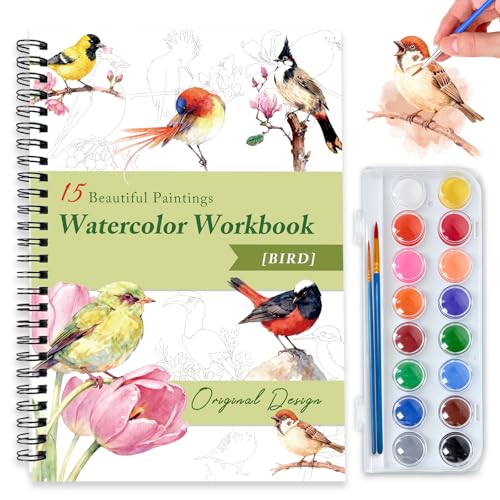 Watercolor Workbooks for Adults Beginners & Teens, 16 Colors 15 Beautiful Paintings, Pre-Outlined Designs, Easy Watercolor Art Book（Bird） - color: Bird, size: with palette