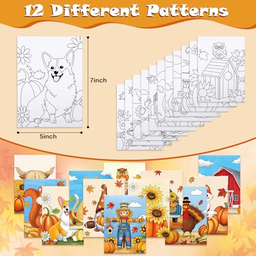 12 Packs Thanksgiving Pre Drawn Canvas to Paint, 5" X 7" Fall Pre Printed Canvas for Kids, Pre Stretched Canvas Outline Painting Boards for Beginners, Students, Party Favor - style: Fall
