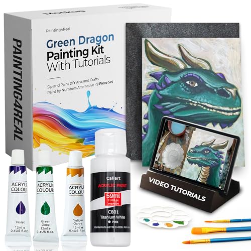 Painting4Real DIY Painting Class Kits for Adults with Video Tutorials, Learn to Paint Green Dragon, How to Paint with Acrylic Paint Sets for Adult, 9 Peices Art Set & Painting Supplies Gifts for Mom - color: Green Dragon