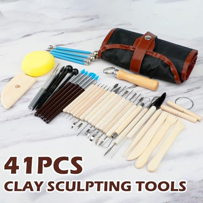 ROLYTA 41PCS Clay Sculpting Tools Kit, Pottery Tools with Organizer Storage Bag, Wooden, Stainless Steel Plastic Clay Tools, Sculpting Tool for DIY Handcraft, Modeling, Ceramic Carving