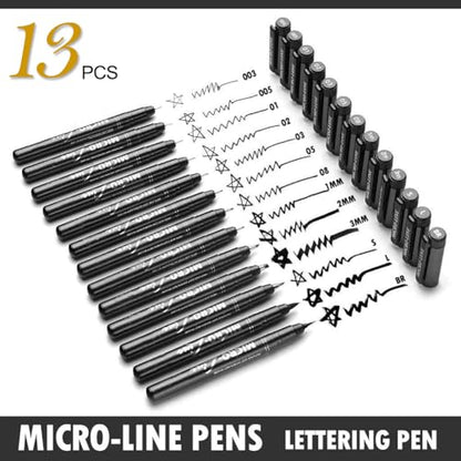 Micro-Pen Fineliner Ink Pens, 13 Pack Black Micro Fine Point Drawing Pen Waterproof Archival Ink Multiliner Pens for Artist Illustration, Sketching, Technical Drawing, Anime, Manga