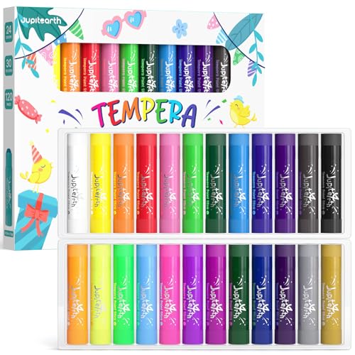 JUPITEARTH 24 Colors Tempera Paint Sticks with 120 PDF Coloring Pages and 30 Stickers, Quick Drying, Smooth, Non-Toxic and Washable Paint Sticks for Kids Drawing on Pumpkin, Wood, Rock, Glass - color: 24 Colors (Classic, Neon, Metallic)