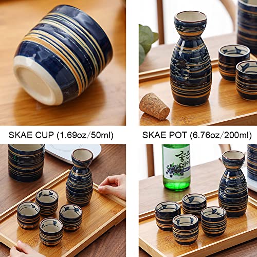 5 Pieces Japanese Sake Set 200ml Sake Bottle 50ml Saki Cup Set Traditional Hand Painted Design Porcelain Pottery Ceramic Soju Cups Sake Glasses (Blue Wise)