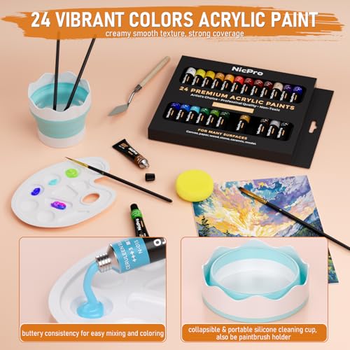 Nicpro 68PCS Acrylic Paint Canvas Set for Adults, Art Painting Supplies Kit with 24 Acrylic Paints,Table Easel,8 Canvas Panels,12 Brushes,Paper Pad,Cleaning Cup, Sponge, Palette for Beginner Artist - color: 24 colors