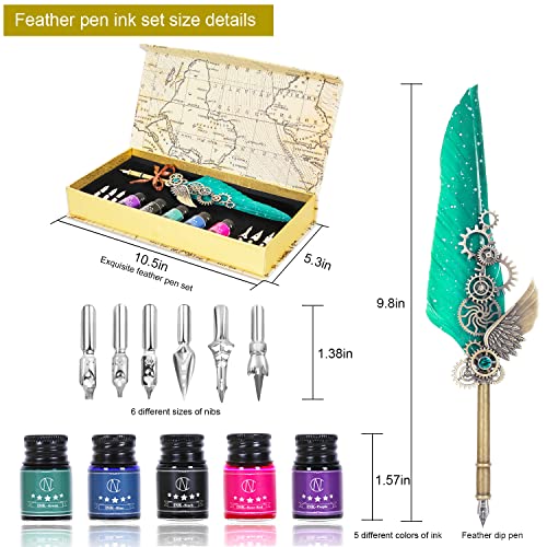 NC Quill Pen Ink Set, Feather Pen Includes 5 Bottles Ink and 6 Replaceable Stainless Steel Nibs, Mechanical Quill Calligraphy Pen for Writing, Letters, Invitations (Green) - color: Green