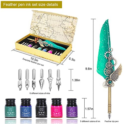 NC Quill Pen Ink Set, Feather Pen Includes 5 Bottles Ink and 6 Replaceable Stainless Steel Nibs, Mechanical Quill Calligraphy Pen for Writing, Letters, Invitations (Green) - color: Green