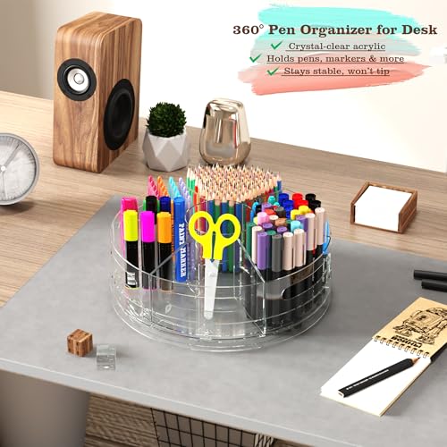 CraftGenes 2 Packs Pen Organizer for Desk - Acrylic Pen Holder with Hand Grips, 360° Extra Large Rotating Desk Organizer with 7 Removable Compartments for Office, Home, and Makeup Storage - size: 2 Packs
