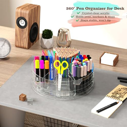 CraftGenes 2 Packs Pen Organizer for Desk - Acrylic Pen Holder with Hand Grips, 360° Extra Large Rotating Desk Organizer with 7 Removable Compartments for Office, Home, and Makeup Storage - size: 2 Packs