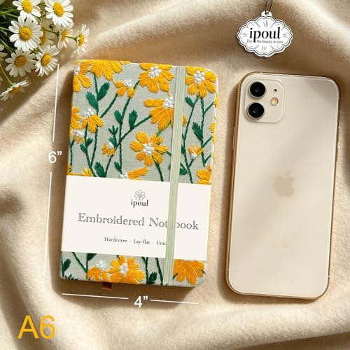 Daisy Gifts for Women, Flower Embroidered Journal, Pocket Sketchbook, A6, Small Unlined Notebook 4x6, Hardcover, Lay Flat, Elastic Band, Cute Notebooks, Pretty Journal, Yellow Daisy - color: A6-Band-Yellow, style: Plain