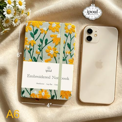Daisy Gifts for Women, Flower Embroidered Journal, Pocket Sketchbook, A6, Small Unlined Notebook 4x6, Hardcover, Lay Flat, Elastic Band, Cute Notebooks, Pretty Journal, Yellow Daisy - color: A6-Band-Yellow, style: Minimalist