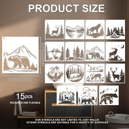 Sitsink Forest Stencils for Painting - 14 Pcs Stencils for Painting on Wood Wall Door Mat Canvas Bag, Wild Animal Deer Bear Reusable DIY Crafts Template Home Decor - style: forest deer
