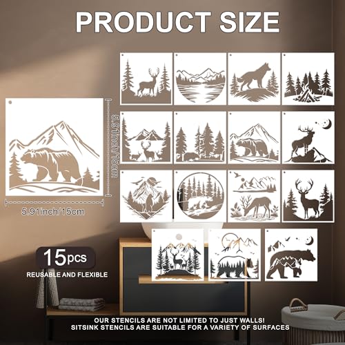 Sitsink Forest Stencils for Painting - 15 Pcs Stencils for Painting on Wood Wall Door Mat Canvas Bag, Wild Animal Reusable DIY Crafts Template Home Decor - style: forest bears