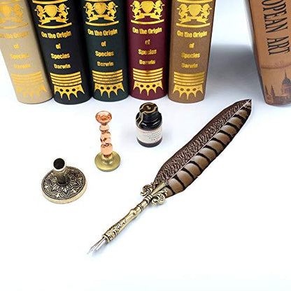 Antique Quill Pen Unique Half-Patterned Feather Pen Set with 6 Nibs 1 Bottle of Ink 1 Seal Stamp 1 Pen Holder 1 Sealing Wax LL-149