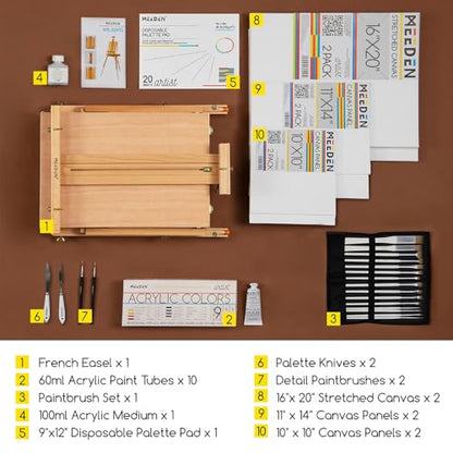 MEEDEN Art Set with French Easel for Professional Artist,Supplies Acrylic Painting(10-60ML) Kit with Paintbrushes for Adults,Pre Painter and Canvas Drawing Starter-Prime Art Series