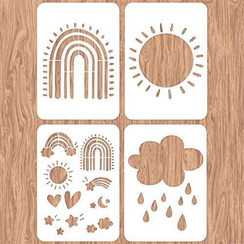 INFUNLY 4pcs Rainbow Wall Stencils for Painting Sun Cloud 11.7x8.3 Tile Stencil Set Reusable Plastic Wall Stencils Template for Painting on Wood Wall Furniture Floor Tiles Fabric DIY Home Decor - color: Rainbow Wall Stencils
