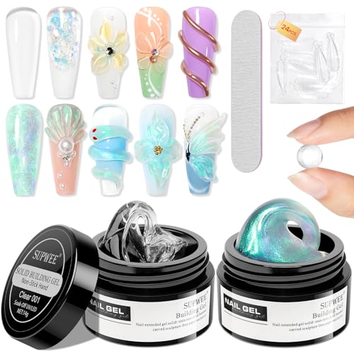 Solid Builder Gel for Nails Clear and Aurora Green 3D Nail Gel Art Non-Stick Hand Sculpture Hard Gel with Dual Form for 3D Modeling Nail Art Home Manicure DIY for Women - color: Clear&Aurora Blue
