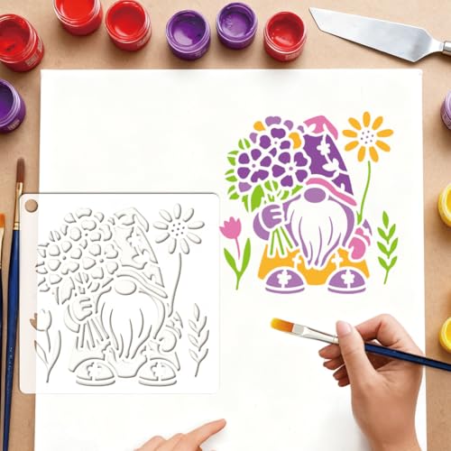 9 Sheets Flower Dwarf Elf Stencils for Painting, 9 Styles Gnomes Sunflower Wall Stencil Template Reusable Garden Gnome Stencils for Painting on Wall Wood Home Decor - style: Flower Elf