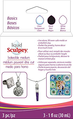 Polyform Liquid Sculpey Liquid Polymer Oven-Bake Clay, Classic Sampler Pack, Three 1 oz. bottles included, White, Black and Clear colors, Great for jewelry, holiday, DIY