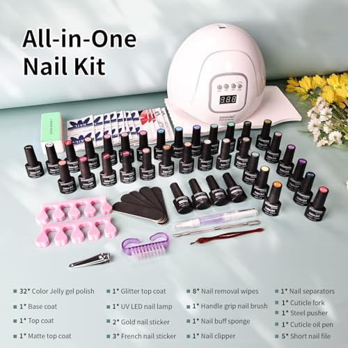 JODSONE 32 Colors Jelly Gel Nail Polish Kit with U V Light Crystal Transparent Classic Color 4 Functional Gel for All Seasons - color: 32KIT-M5M-Jelly