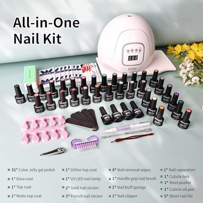 JODSONE 32 Colors Jelly Gel Nail Polish Kit with U V Light Crystal Transparent Classic Color 4 Functional Gel for All Seasons - color: 32KIT-M5M-Jelly