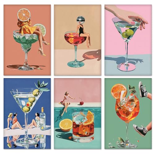 KEYIFA 6 Pack Paint by Numbers Kit, Stretched Canvas Boards for Painting for Adults, No Crease Acrylic Oil Painting for Students Beginners Favor Sip & Paint Party Supplies, 70s Retro Cocktail (8x12) - color: 008-Cocktails