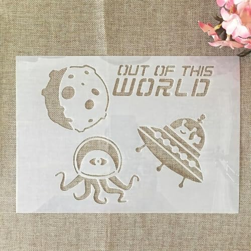 TIAMECH A4 Reusable Alien UFO Meteorite Stencil for Painting | Out of World Layering Template, DIY Wall Art, Wood Furniture, Scrapbook & Crafts (8.3x11.7inch) - style: Alien UFO Meteorite