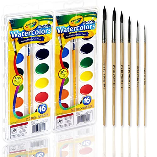 Watercolor Paint Set - 2 Packs of 16 Vivid Colors Watercolor Paint and 6 Paintbrushes for Kids Watercolors Supplies Set - Ultimate Gifting Bundle Water Color Painting Kids - size: 32 Colors (0.5 Fl Oz Total)