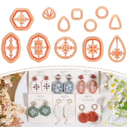 Puocaon Boho Polymer Clay Cutters - 12 Pcs Embossed Clay Cutters for Polymer Clay Earrings, Pendant Drop Dangle Earrings Design Clay Cutters Shape, Tile Decal Clay Jewelry Cutters