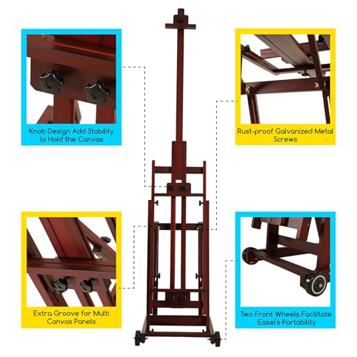 MEEDEN Multi-Function Studio Easel,H-Frame Easel,Painting Easel for Adults,Artist Easel,Floor Easel,Solid Beech Wooden Easels w/Front Wheels,Holds Canvas Art up to 77" - Deep Walnut