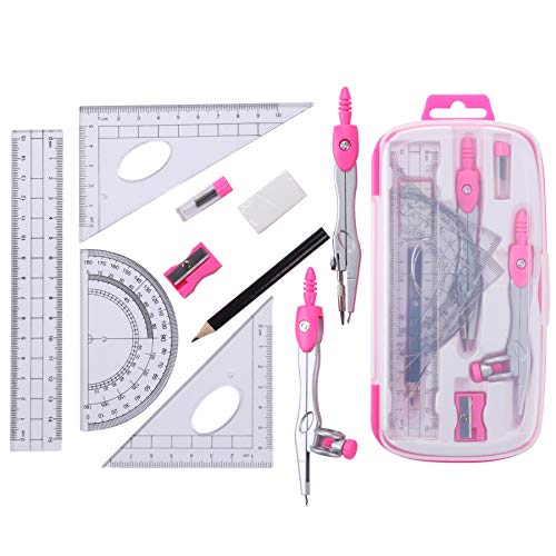 Unjoo Math Geometry Kit Sets 10 Piece Student Supplies with Shatterproof Storage Box,Includes Rulers,Protractor,Compass,Eraser,Pencil Sharpener,Lead Refills,Pencil,for Drafting and Drawings（Pink） - color: Pink