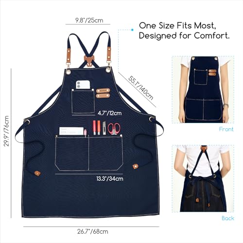 MEEDEN Painting Apron for Men Women: Adjustable Cross Back Waterproof Polyester Canvas Art Apron with 3 Pockets - Artist Apron for Acrylic Oil & Watercolor Painting, Gardening, Cooking - Navy - color: Navy