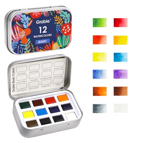 Grabie Pocket Watercolor Set of 12, Travel Watercolor Paint Set, Watercolor Paints, Art Supplies for Painting, Great Watercolor Set for Artists, Amateur Hobbyists and Painting (Essential Color) - color: 12 Colors - Essential